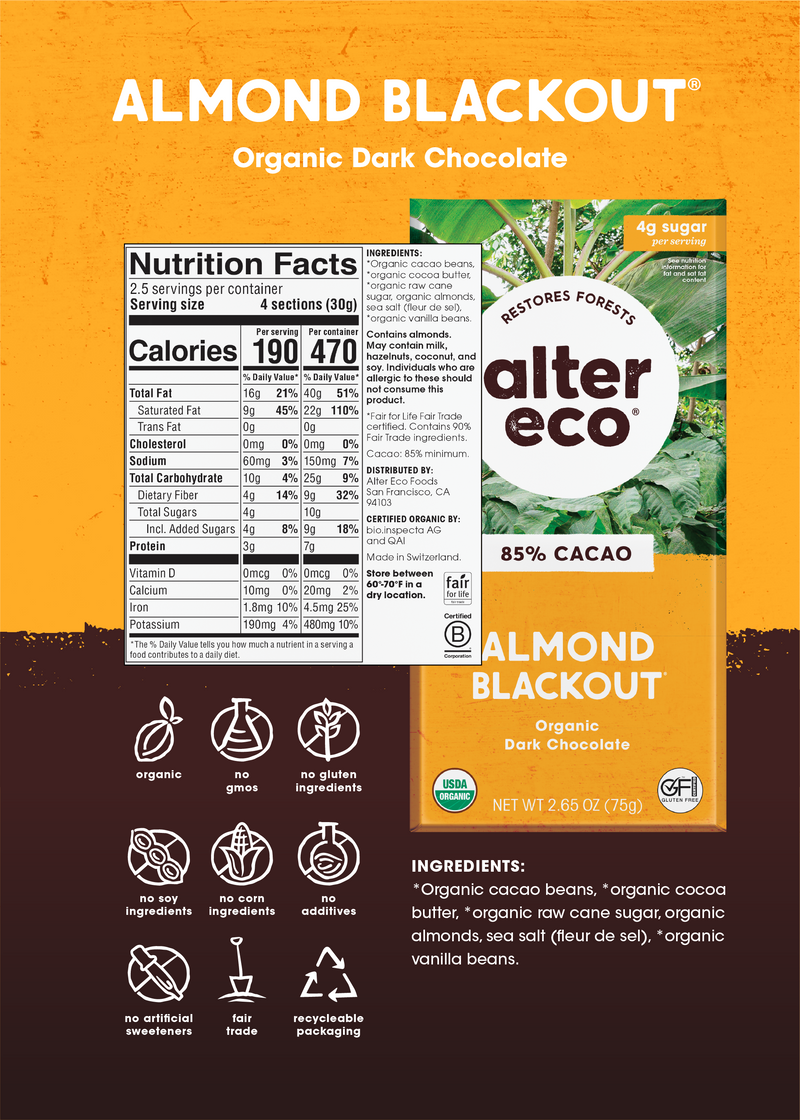 Almond Blackout Organic Dark Chocolate nutrition facts