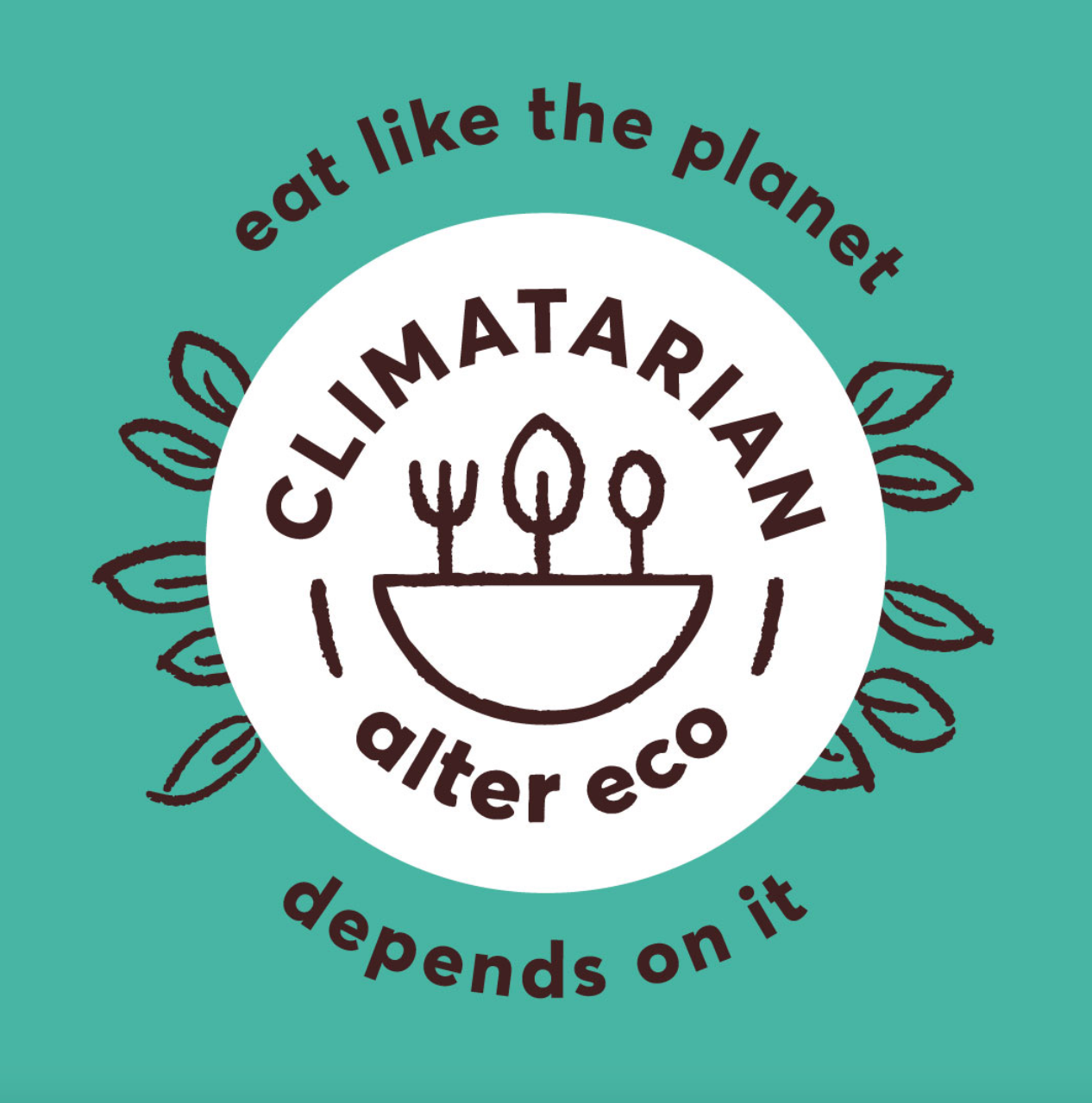 A badge that says Climatarian - Alter Eco. Eat like the planet depends on it.
