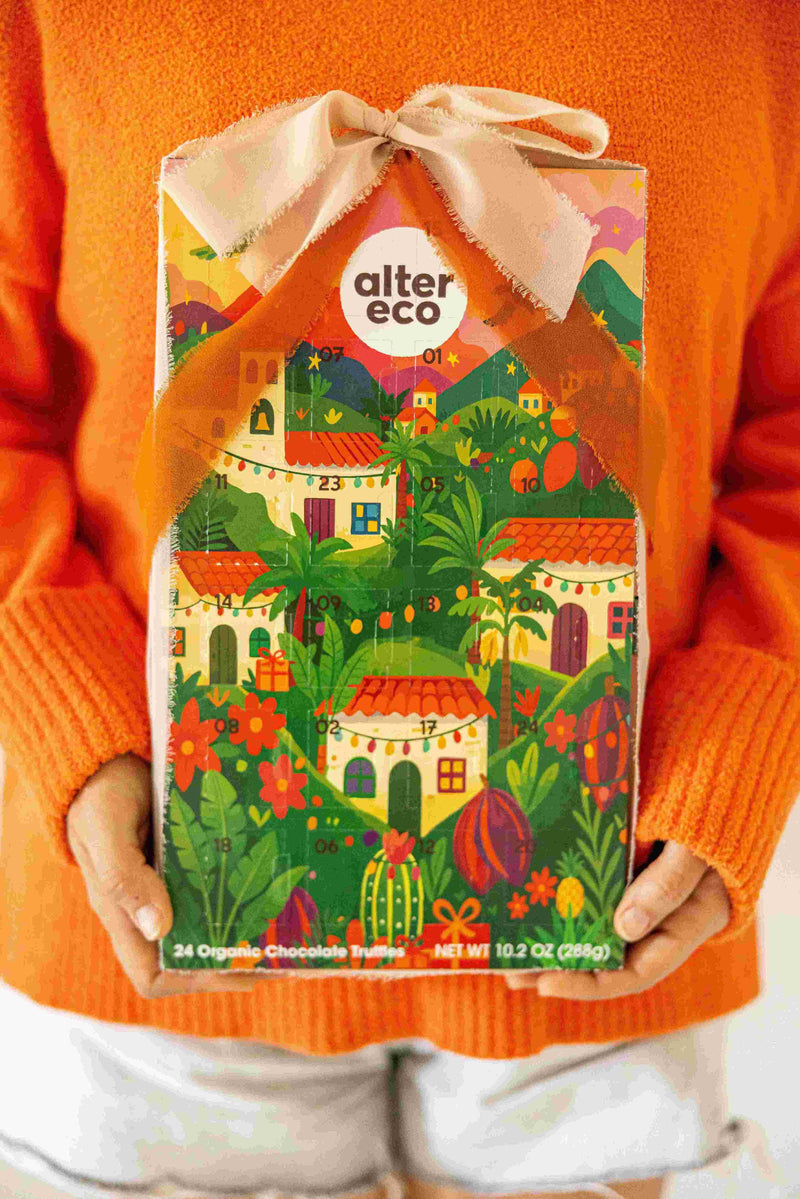 Person holding a box of Alter Eco chocolate with a colorful design and bow.