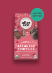 Box of Alter Eco assorted truffles on a red background