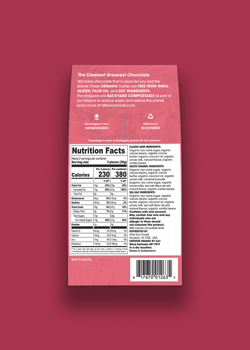 Back of a chocolate bar packaging with nutrition facts on a red background