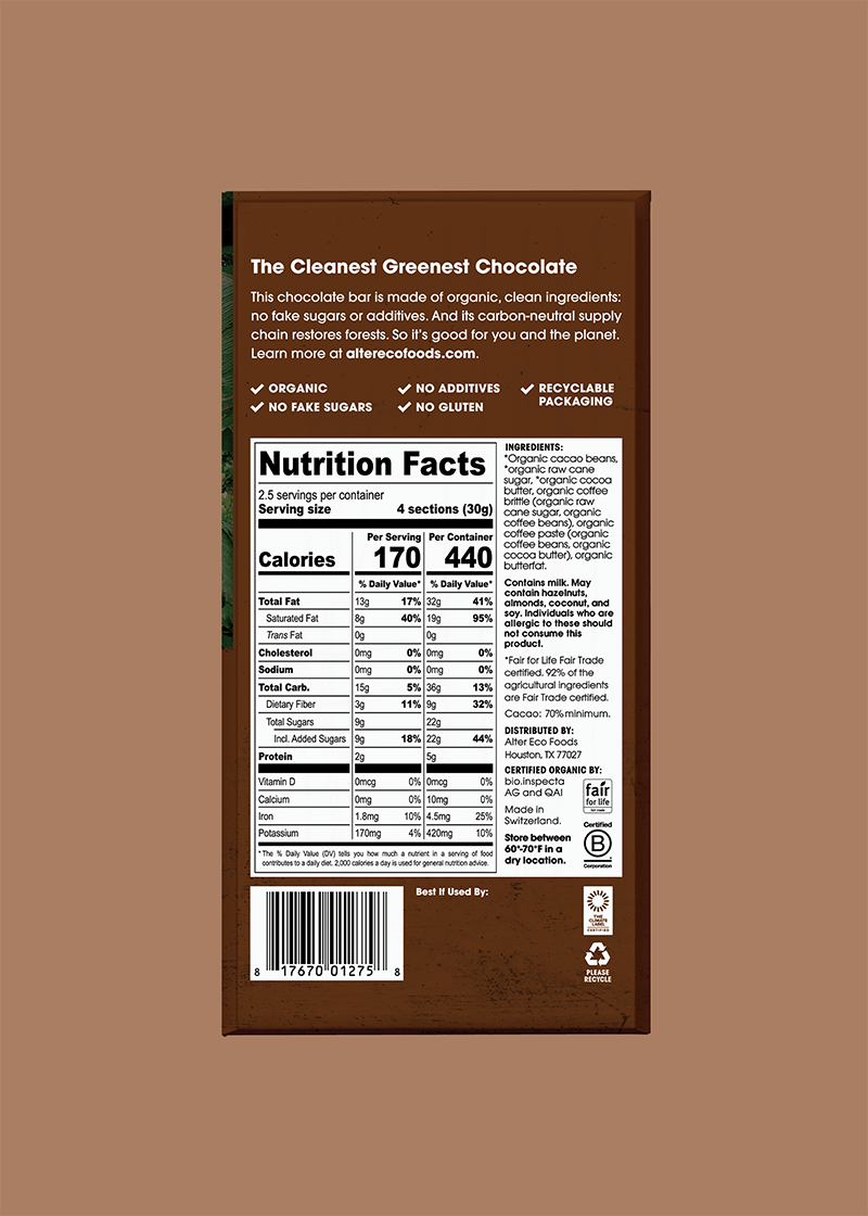 alter eco coffee brittle organic dark chocolate nutrition panel