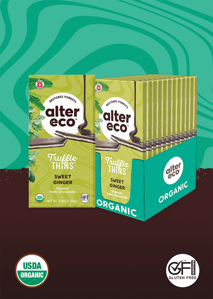 alter eco truffle thins sweet ginger organic dark chocolate box