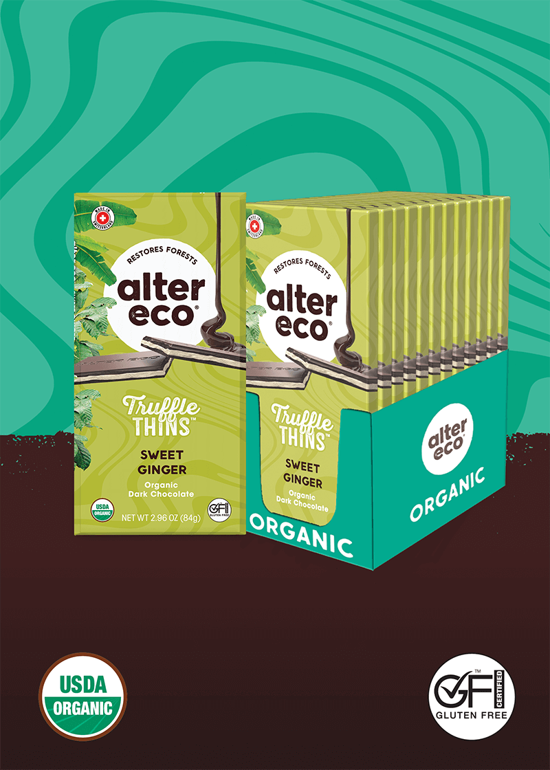 alter eco truffle thins sweet ginger organic dark chocolate box