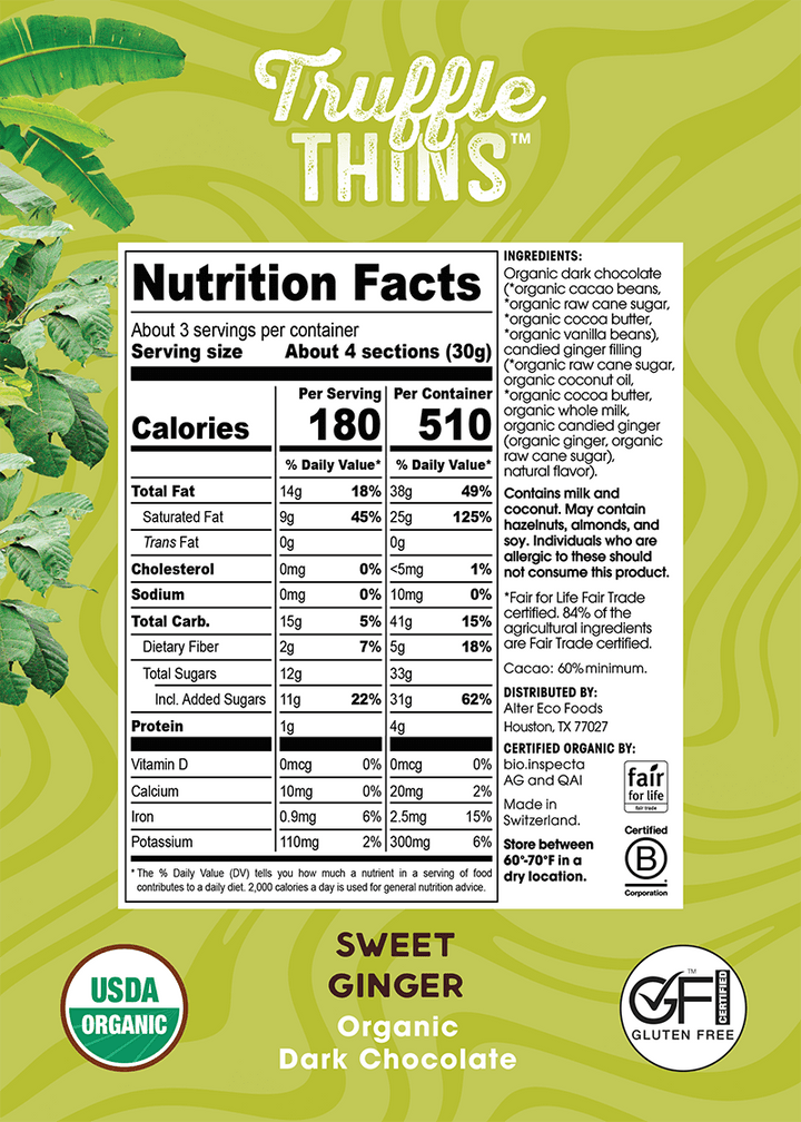 alter eco truffle thins sweet ginger organic dark chocolate nutrition panel