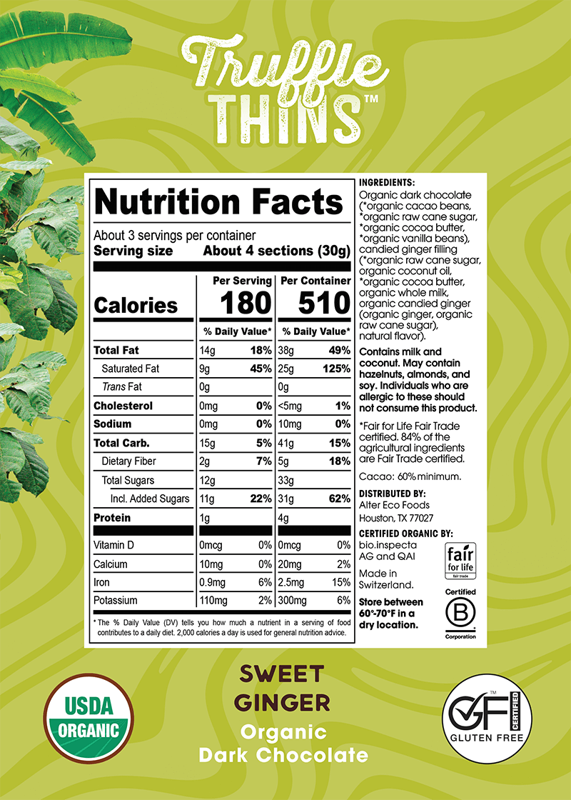 alter eco truffle thins sweet ginger organic dark chocolate nutrition panel