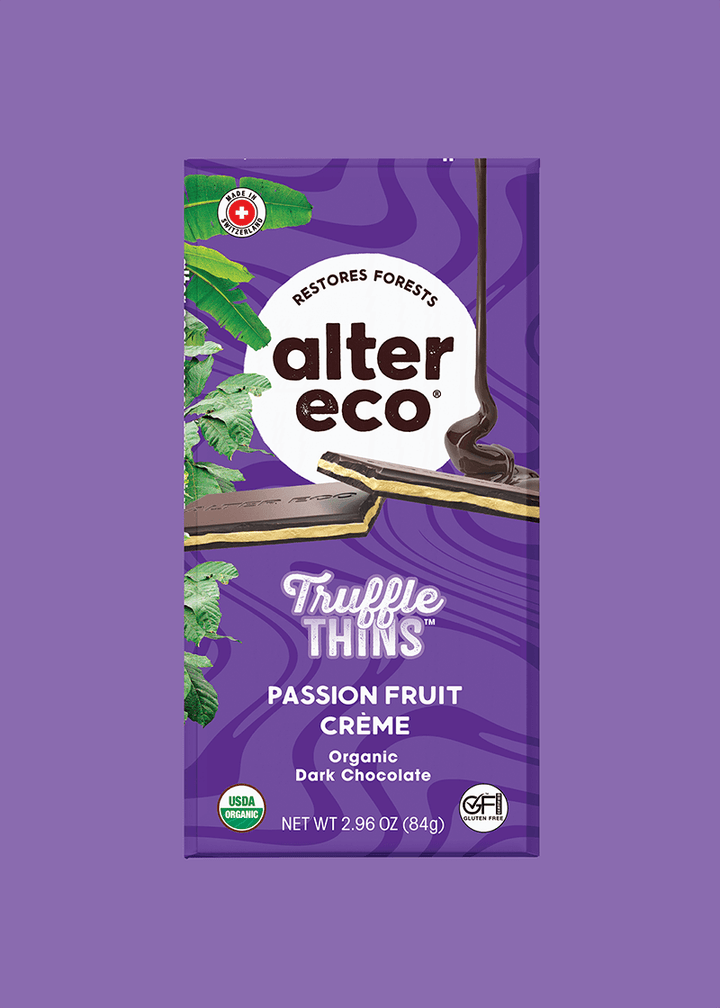 Alter Eco truffle thins passion fruit creme organic dark chocolate