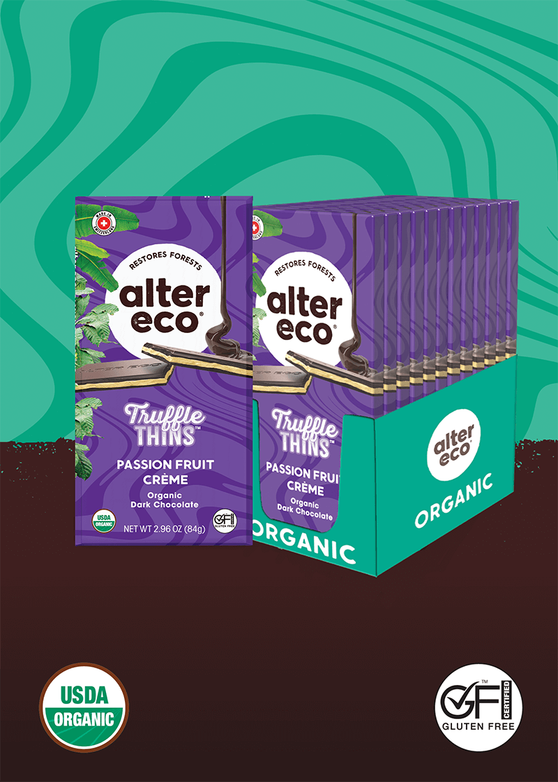 Alter Eco truffle thins passion fruit creme organic dark chocolate box