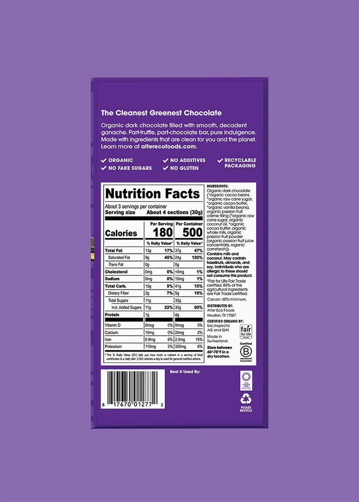 Alter Eco truffle thins passion fruit creme organic dark chocolate nutrition facts