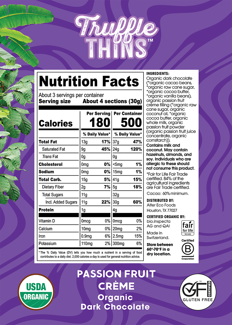 Alter Eco truffle thins passion fruit creme organic dark chocolate nutrition facts