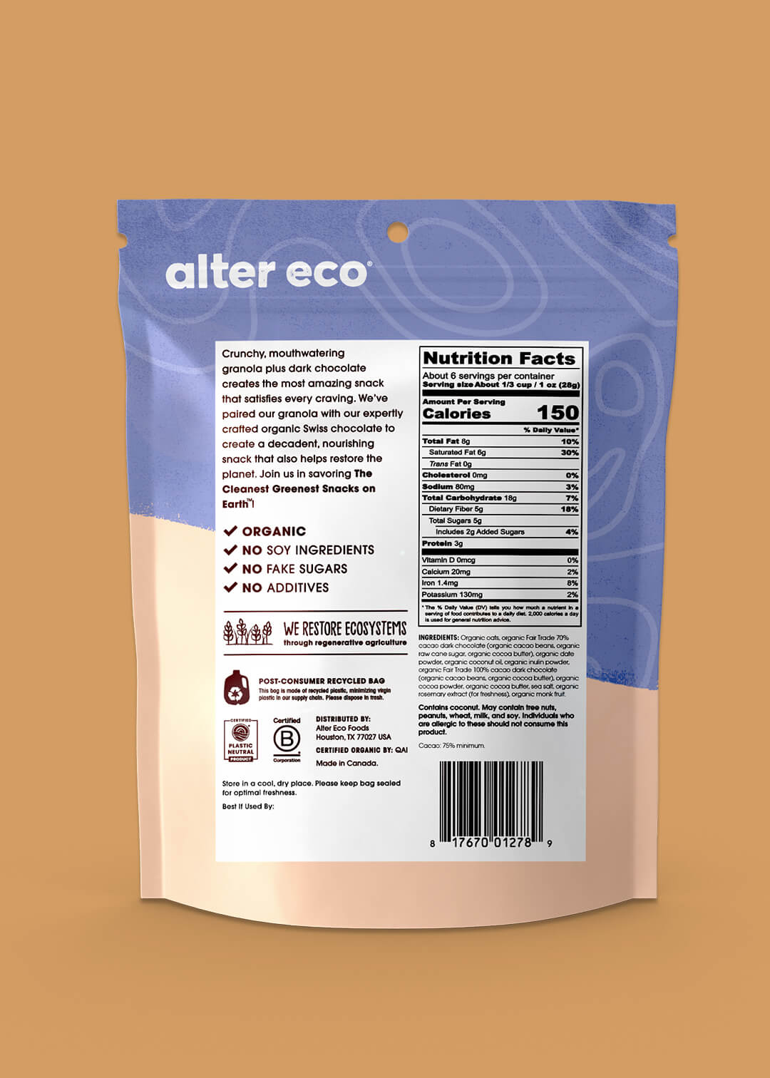 Alter Eco chocolate bar packaging with nutrition facts label on a brown background