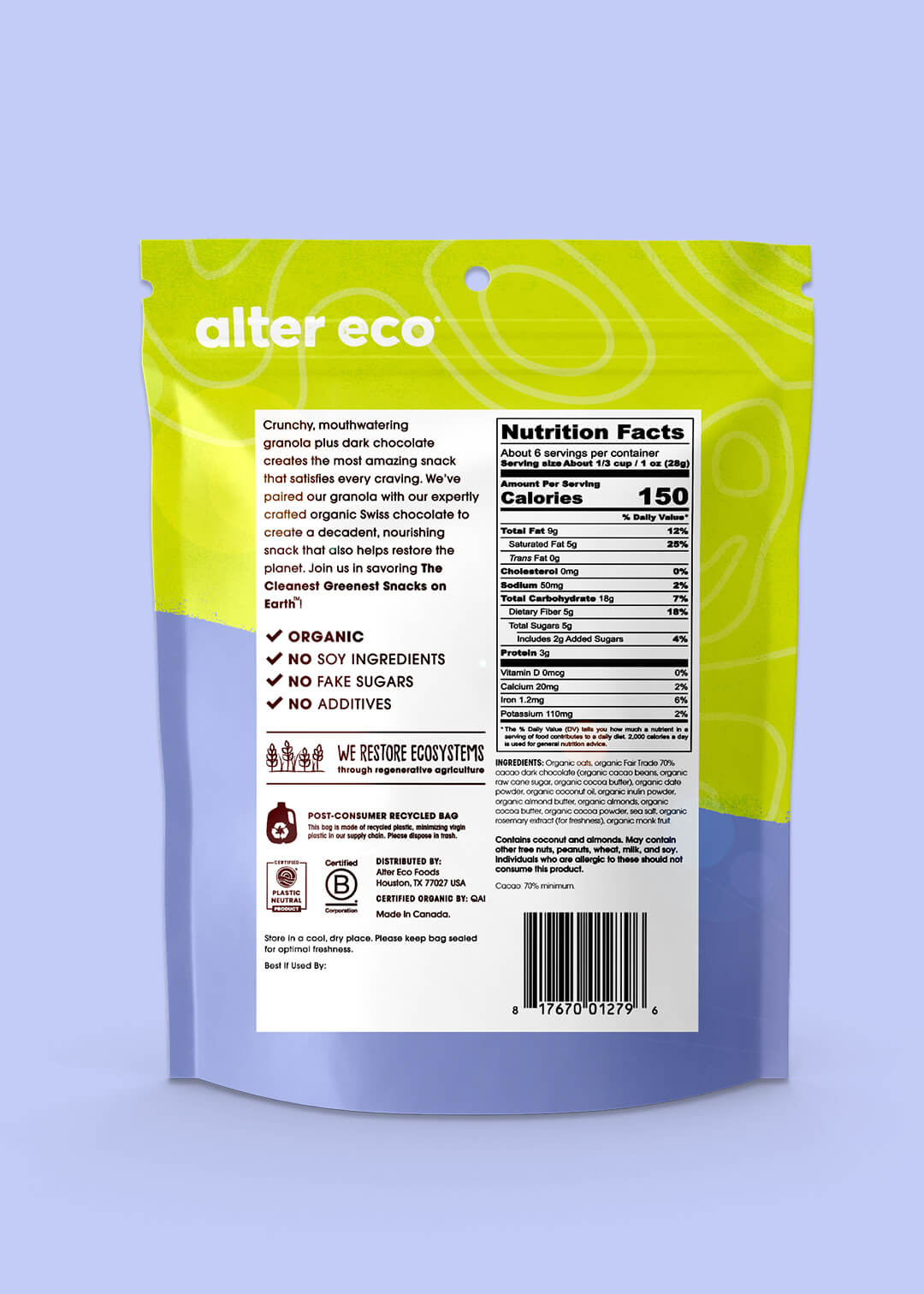 Alter Eco chocolate bar packaging with nutrition facts label on a light blue background