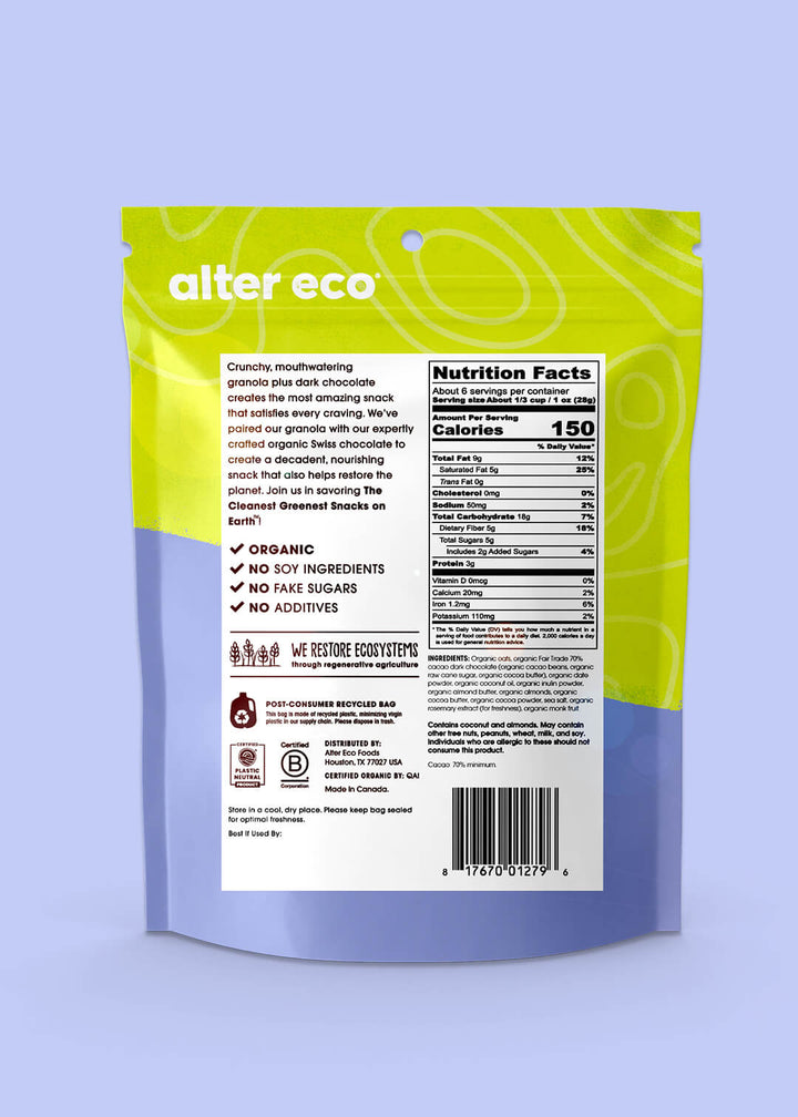 Alter Eco chocolate bar packaging with nutrition facts label on a light blue background