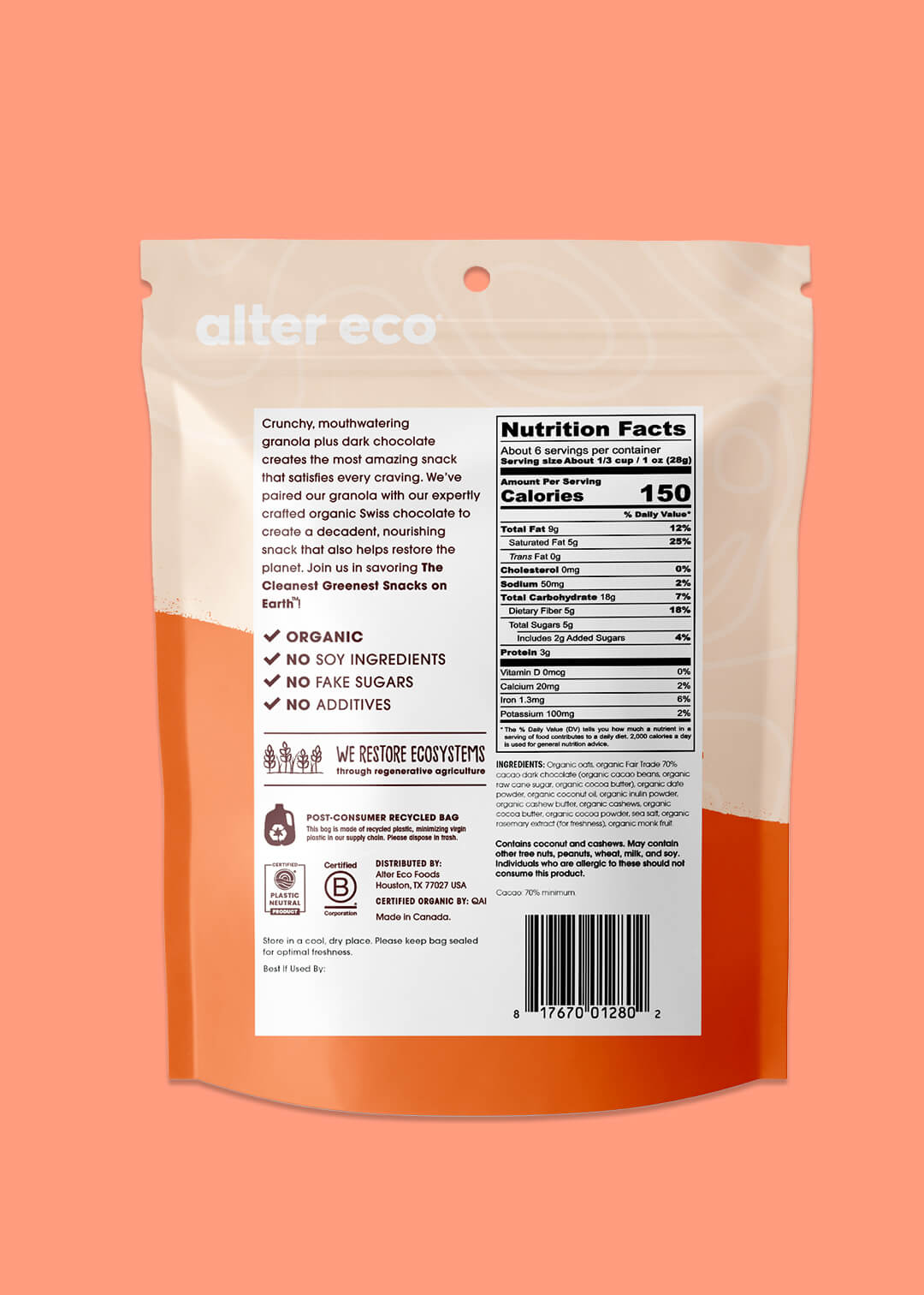 Back of a snack package with 'alter eco' branding on an orange background