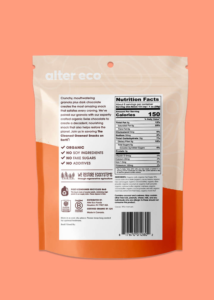 Back of a snack package with 'alter eco' branding on an orange background
