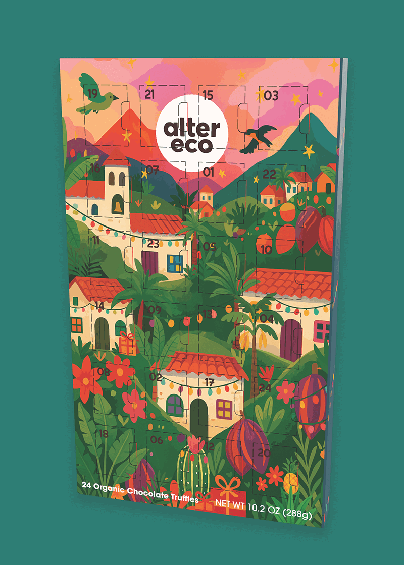 Advent calendar with colorful design and 'alter eco' branding on a green background