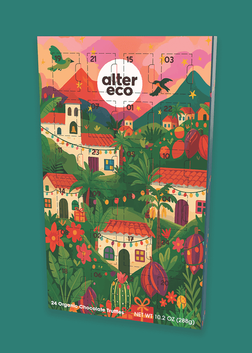 Advent calendar with colorful design and 'alter eco' branding on a green background