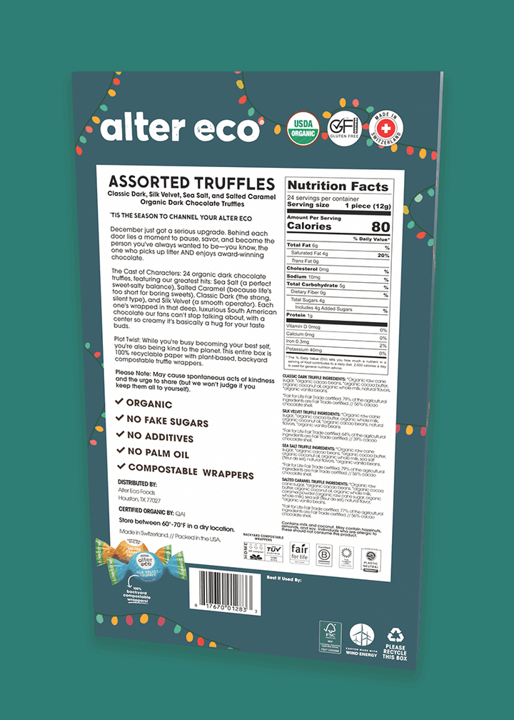 Back of an alter eco assorted truffles package with nutritional information and certification logos.