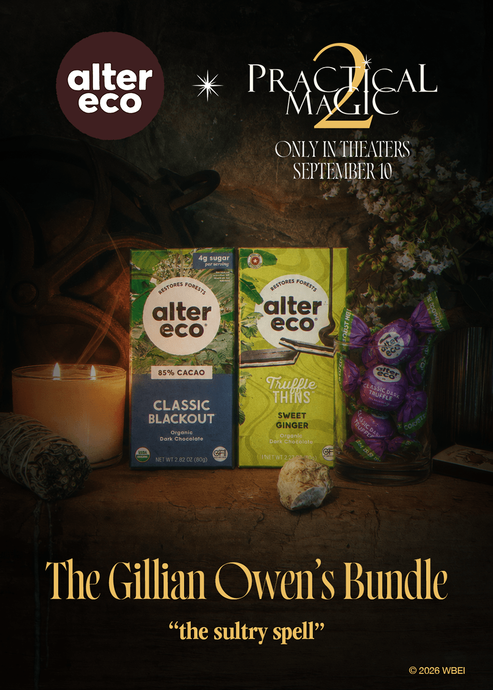 Promotional graphic for Alter Eco's 'Practical Magic 2' showing two product boxes from The Gillian Owen's Bundle ('Classic Blackout' and 'Trail Thins Sweet Ginger') alongside a lit candle, a crystal, and a jar of purple charms on a dark rustic background.
