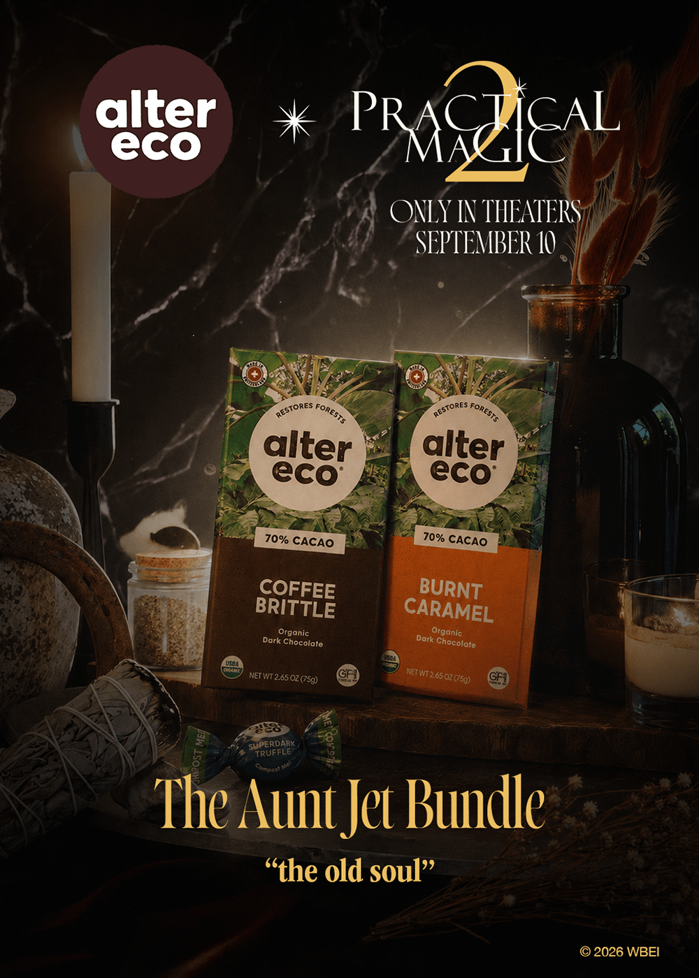 Two Alter Eco coffee box blends, Coffee Brittle and Burnt Caramel, displayed on a dark rustic shelf with candles and dried flowers, under the 'Alter Eco Practical Magic 2' promotional banner.