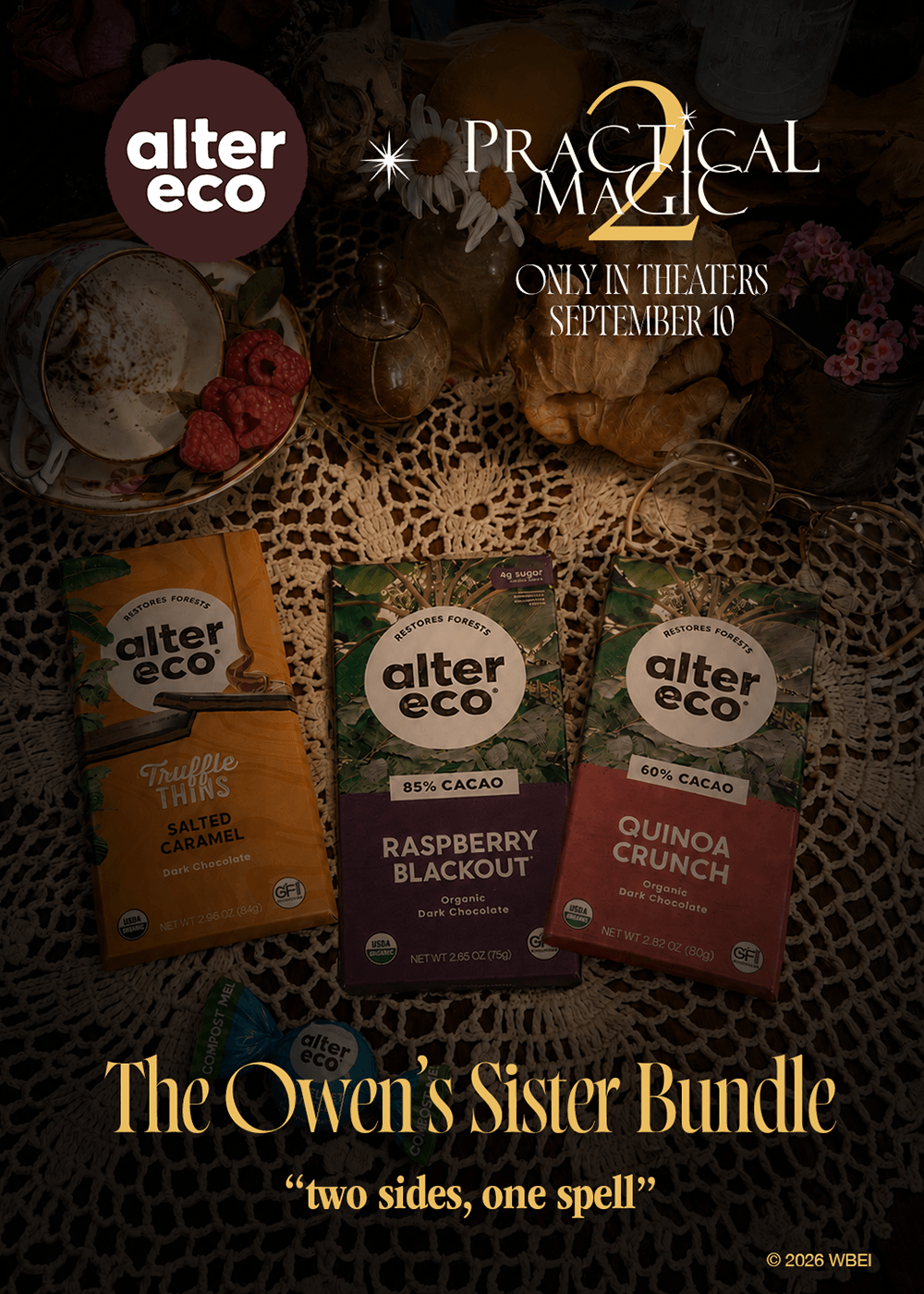 Promotional graphic for Alter Eco's 'The Owen's Sister Bundle' featuring three packaged coffee bags: Olive Caramel Truffle Thins, Raspberry Blackout 85% Cacao, and Quinoa Crunch 100% Cacao, set against a dark, vintage-themed background with the text 'Practical Magic 2' and 'The Owen's Sister Bundle'.