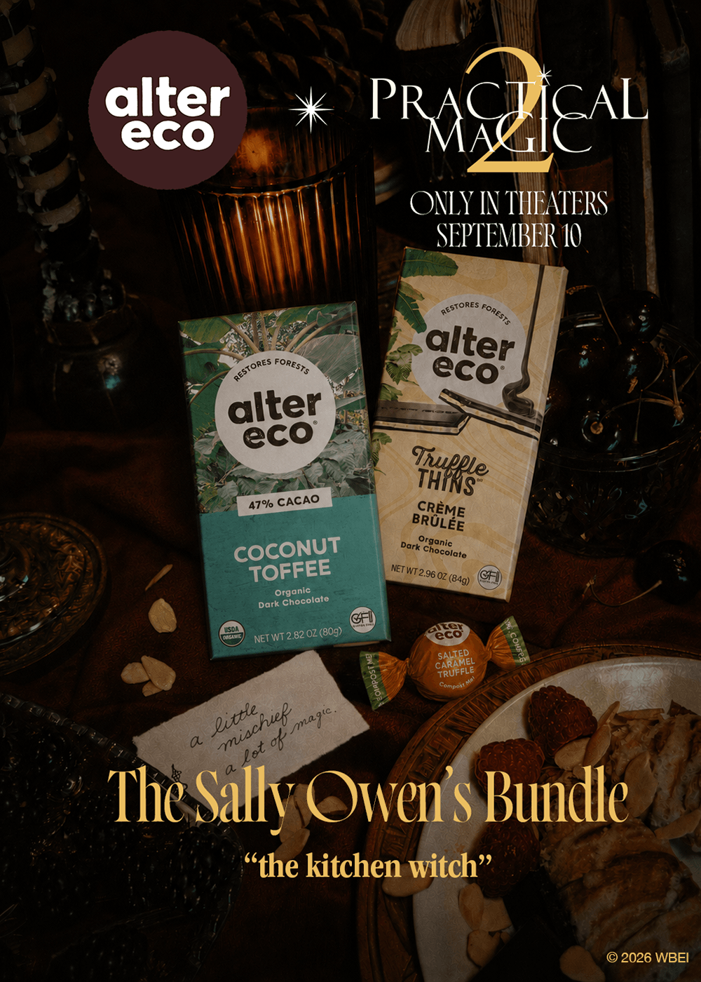Promotional graphic for the Alter Eco 'The Sally Owen's Bundle' featuring two packaged chocolate bars: a green Coconut Toffee bar and a beige Truffle Thins bar, styled on a dark rustic table with candles, nuts, and handwritten notes. Text reads 'The Sally Owen's Bundle' and 'the kitchen witch'.