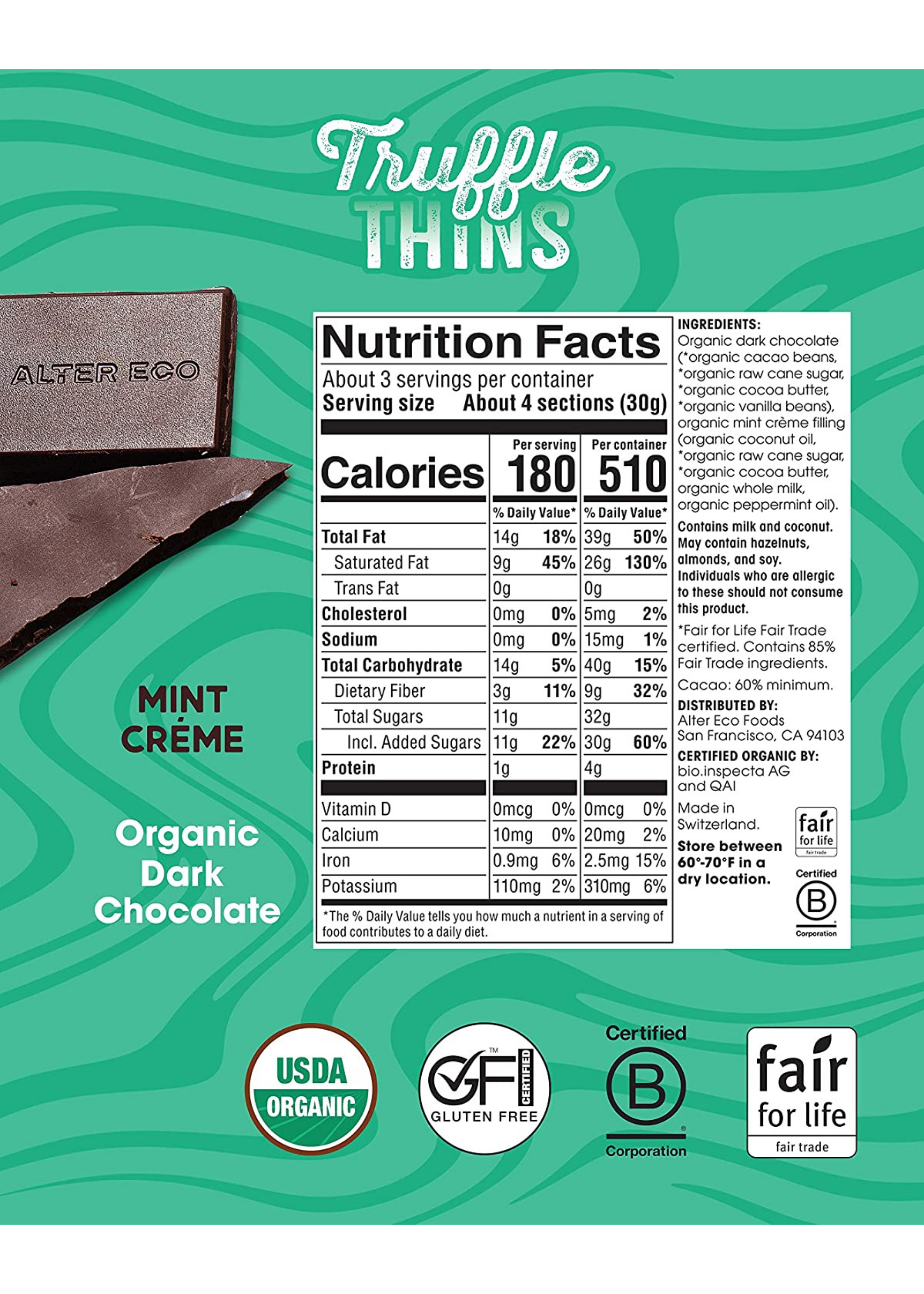 Alter Eco Organic Chocolate Truffle Thins Bar, Salted Caramel