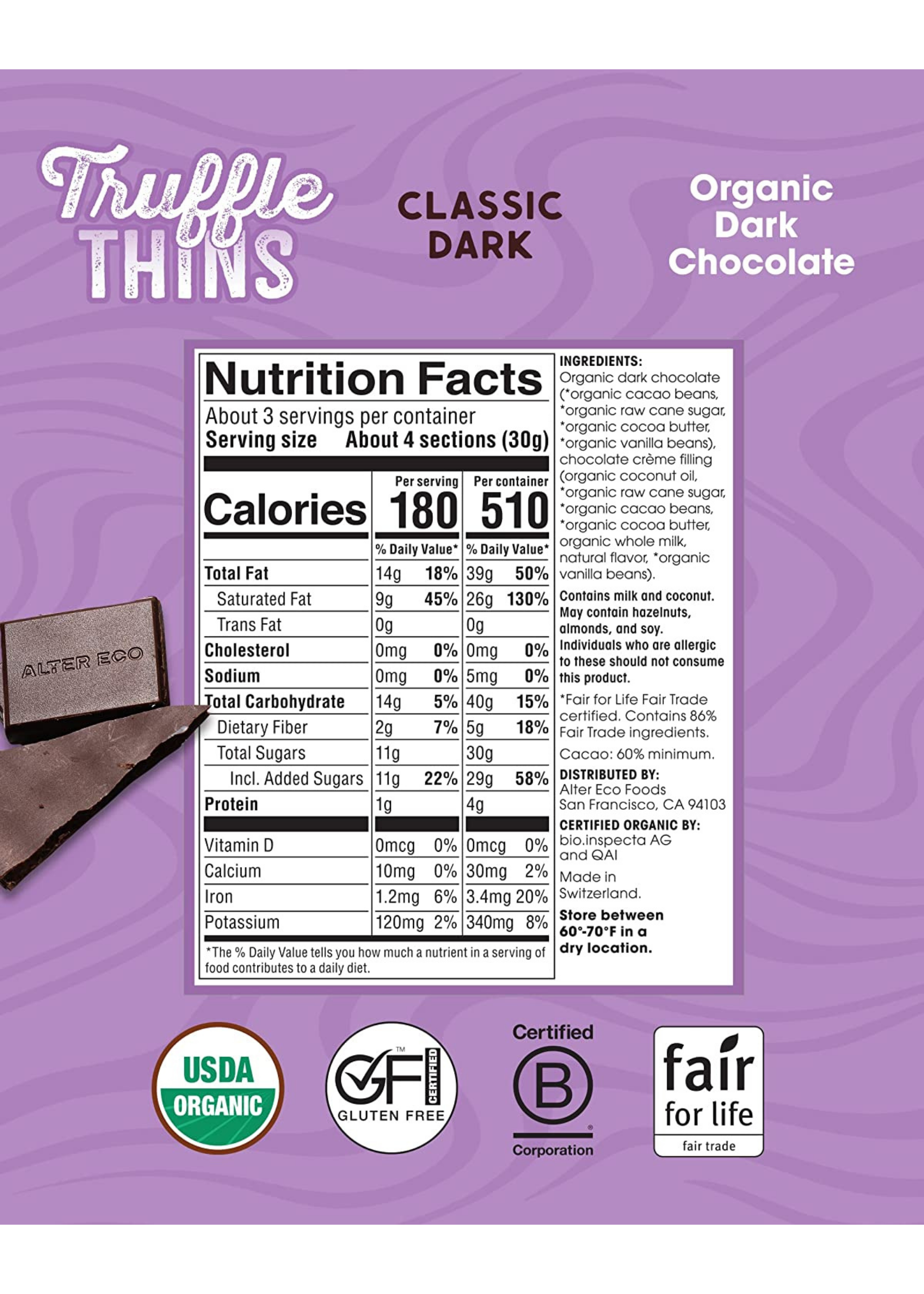 Alter Eco Organic Chocolate Truffle Thins Bar, Salted Caramel